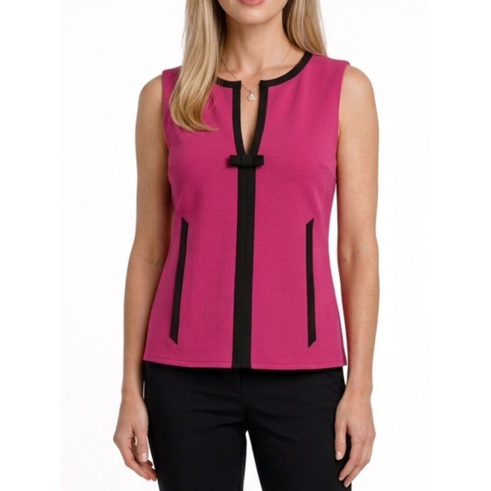 Carolyn Tayler Pink With Black Trim Bow Detail Sleeveless Sweater Size L